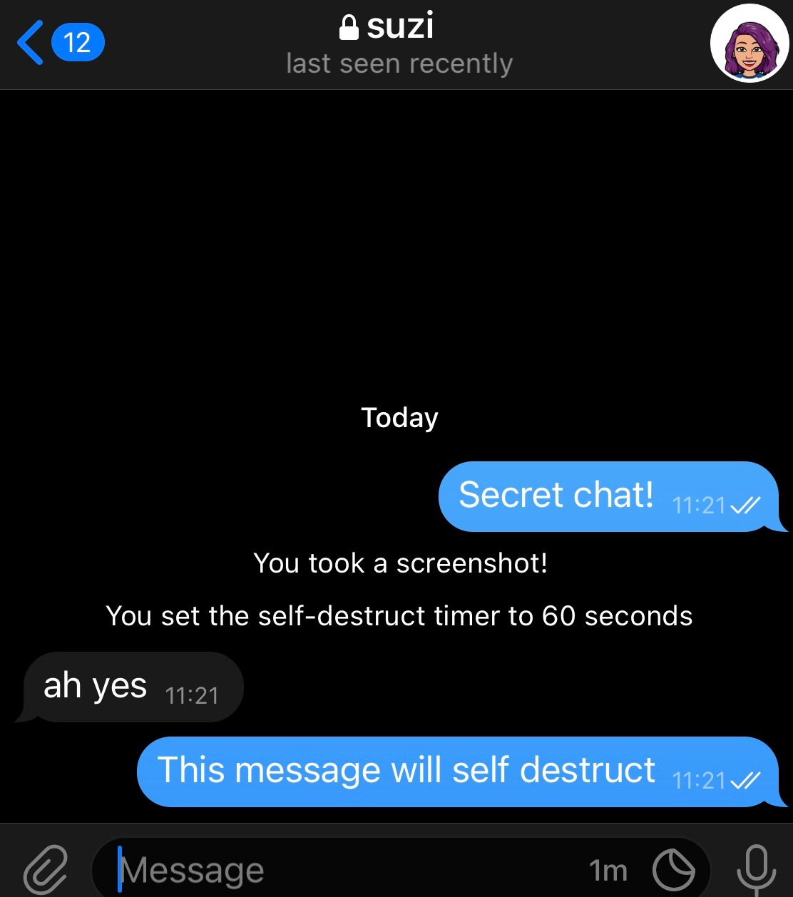 Messages will now self-destruct after a period of time. AN image from Telegram. The app indicates that messages will now self destruct, with a message saying You set the self-destruct time to 60 seconds.